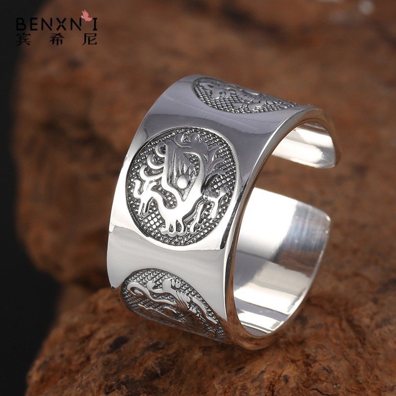 Thai silver men's ring fashion open retro wide ring open adjustable ring four beasts trendy men