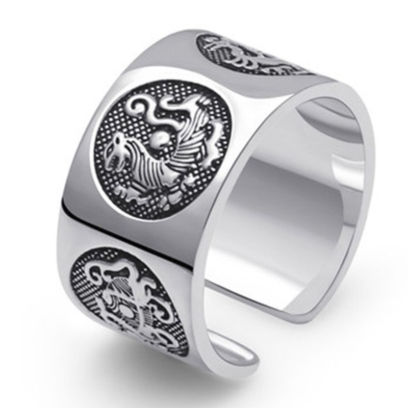 Thai silver men's ring fashion open retro wide ring open adjustable ring four beasts trendy men