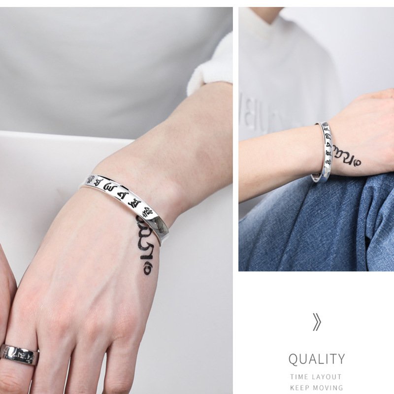 Heart Sutra silver bracelet female six-character mantra male Buddhist scripture retro hipster open bracelet jewelry couple