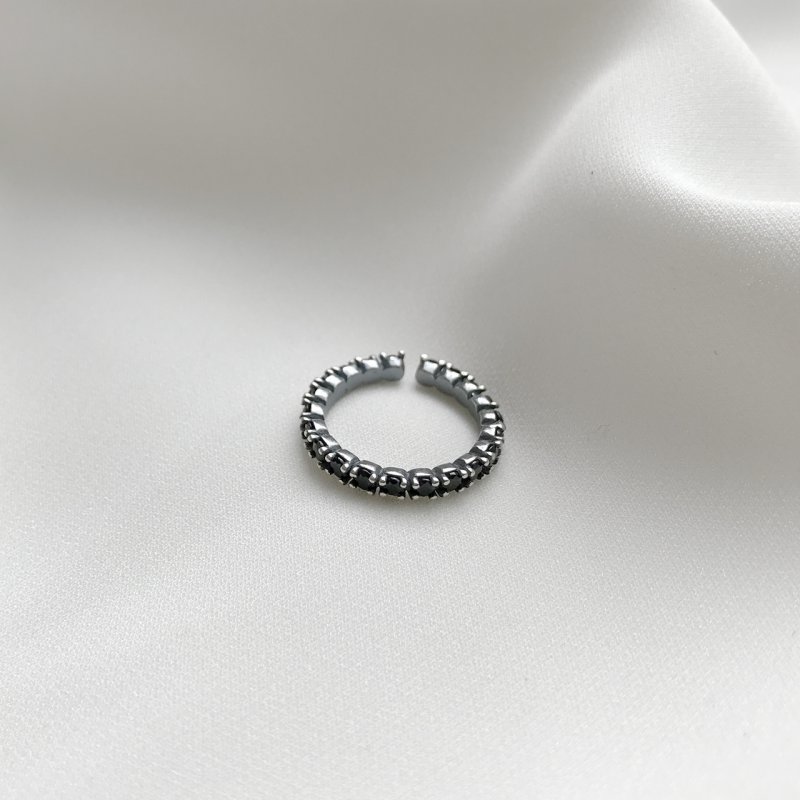 925 sterling silver vintage ring rock art style single row black diamond plain silver open ring