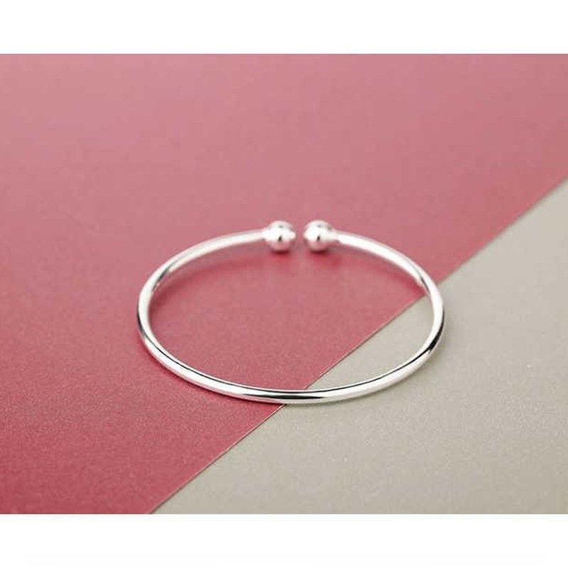 Fashionable Women's Simple Solid Glossy Opening Adjustable Garlic Bangle Silver Round Bead Bracelet