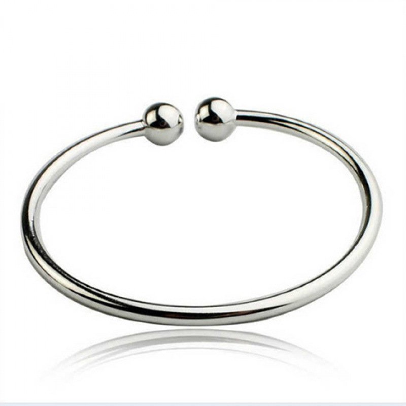 Fashionable Women's Simple Solid Glossy Opening Adjustable Garlic Bangle Silver Round Bead Bracelet